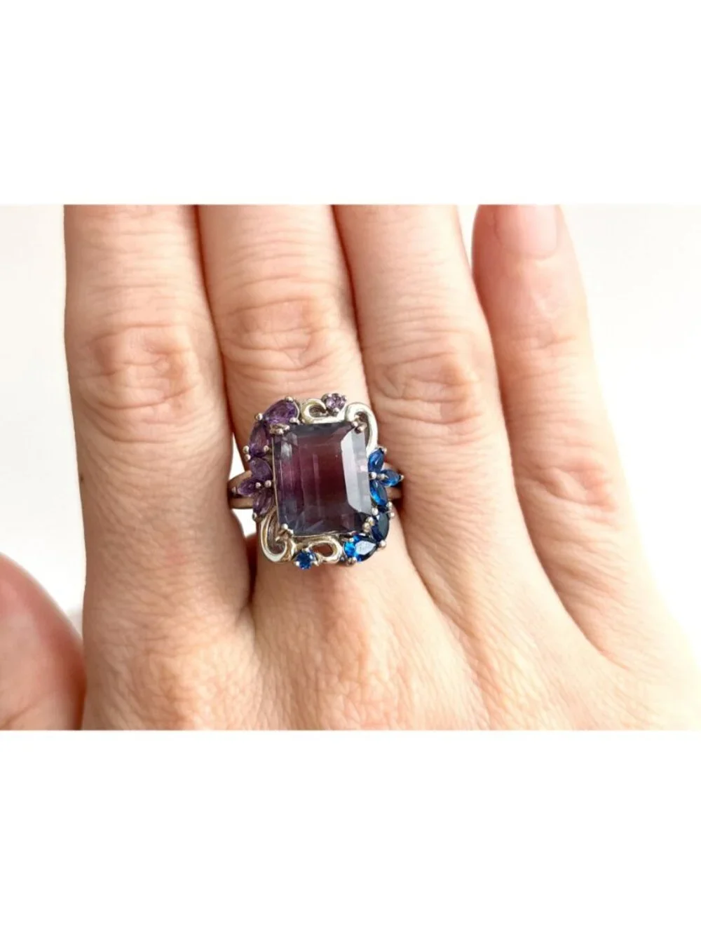 Art Nouveau Inspired Amethyst & Blue Topaz Sterling Silver 925 Vintage Ring sz 8